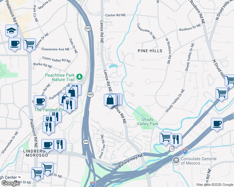 map of restaurants, bars, coffee shops, grocery stores, and more near 8 Vale Close Northeast in Atlanta