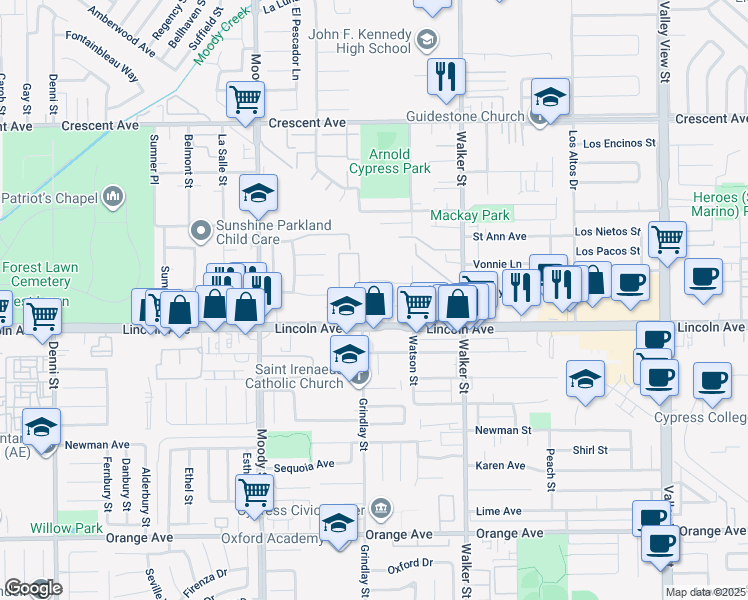 map of restaurants, bars, coffee shops, grocery stores, and more near 5241 Lincoln Avenue in Cypress