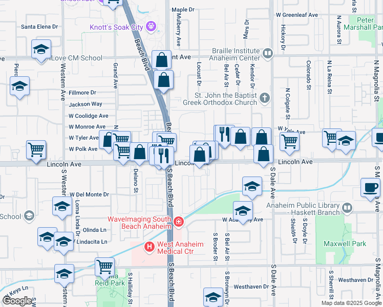 map of restaurants, bars, coffee shops, grocery stores, and more near 2943 West Lincoln Avenue in Anaheim
