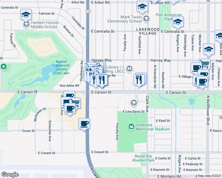map of restaurants, bars, coffee shops, grocery stores, and more near 4537 East Carson Street in Long Beach