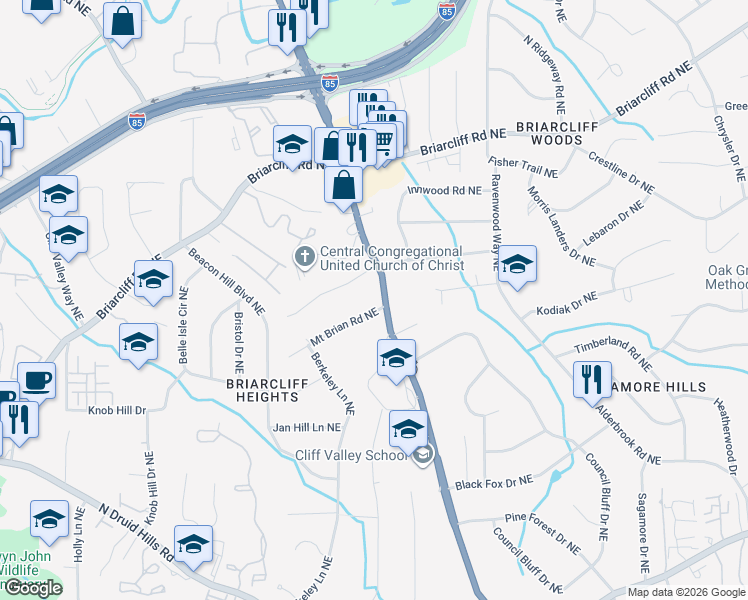 map of restaurants, bars, coffee shops, grocery stores, and more near 2620 Clairmont Road in Atlanta