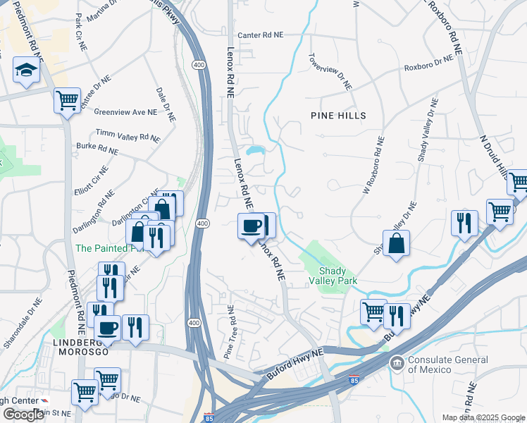 map of restaurants, bars, coffee shops, grocery stores, and more near 2865 Lenox Road Northeast in Atlanta