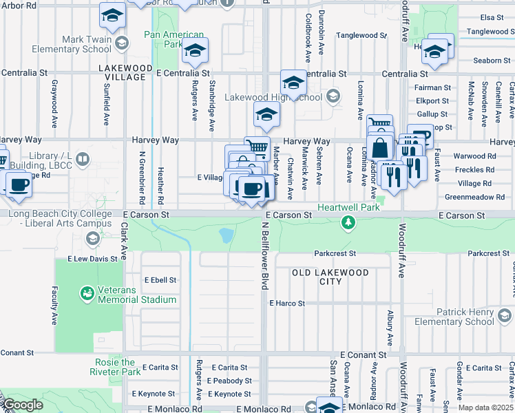 map of restaurants, bars, coffee shops, grocery stores, and more near 4146 North Viking Way in Long Beach