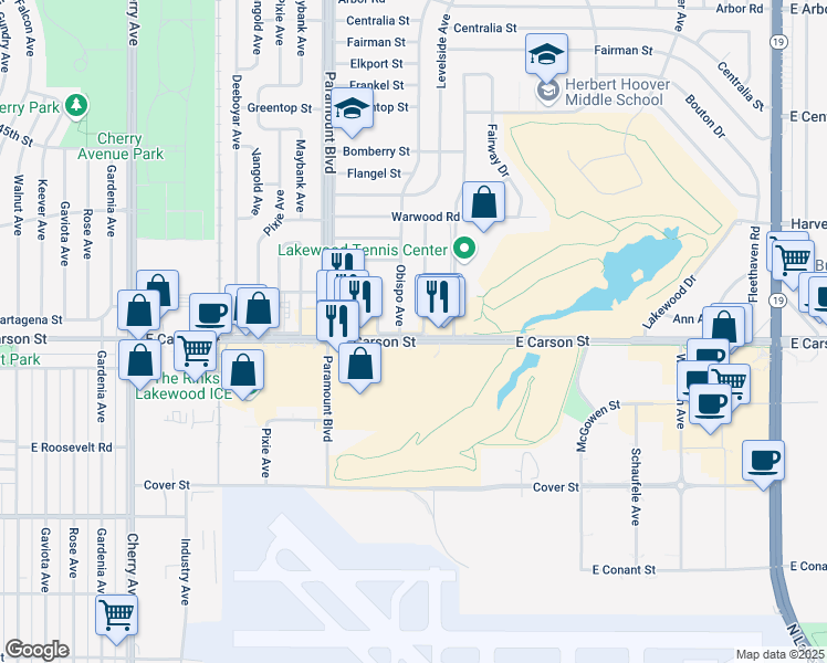 map of restaurants, bars, coffee shops, grocery stores, and more near 3198 East Carson Street in Lakewood