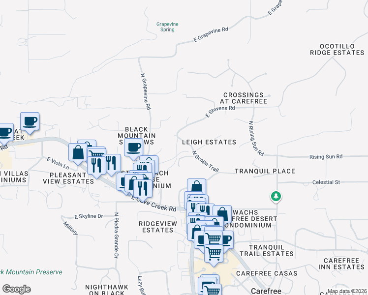 map of restaurants, bars, coffee shops, grocery stores, and more near 38300 North Scopa Trail in Carefree