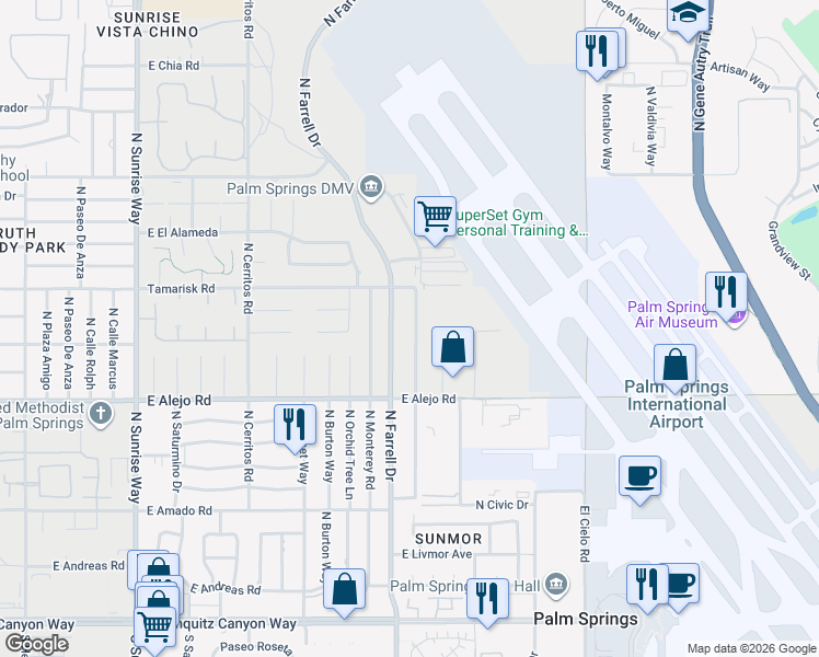 map of restaurants, bars, coffee shops, grocery stores, and more near 625 North Juanita Drive in Palm Springs