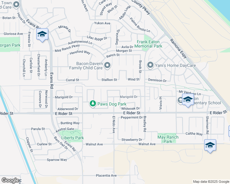map of restaurants, bars, coffee shops, grocery stores, and more near 3344 Milkweed Lane in Perris