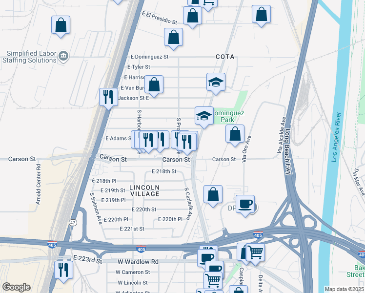 map of restaurants, bars, coffee shops, grocery stores, and more near 2707 East Washington Street in Long Beach
