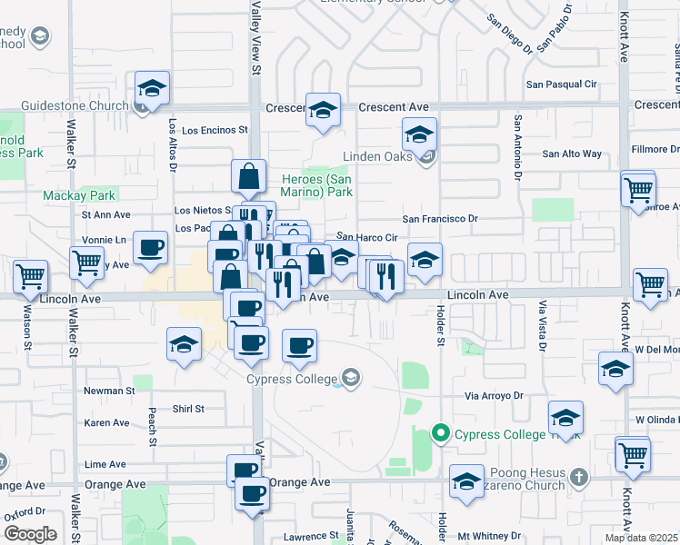 map of restaurants, bars, coffee shops, grocery stores, and more near 6228 Villa Linda Court in Buena Park