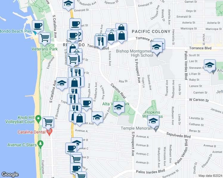 map of restaurants, bars, coffee shops, grocery stores, and more near 703 South Juanita Avenue in Redondo Beach