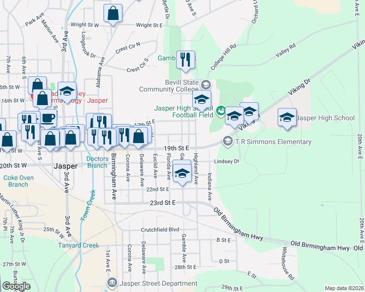 map of restaurants, bars, coffee shops, grocery stores, and more near 1807 Gamble Avenue in Jasper