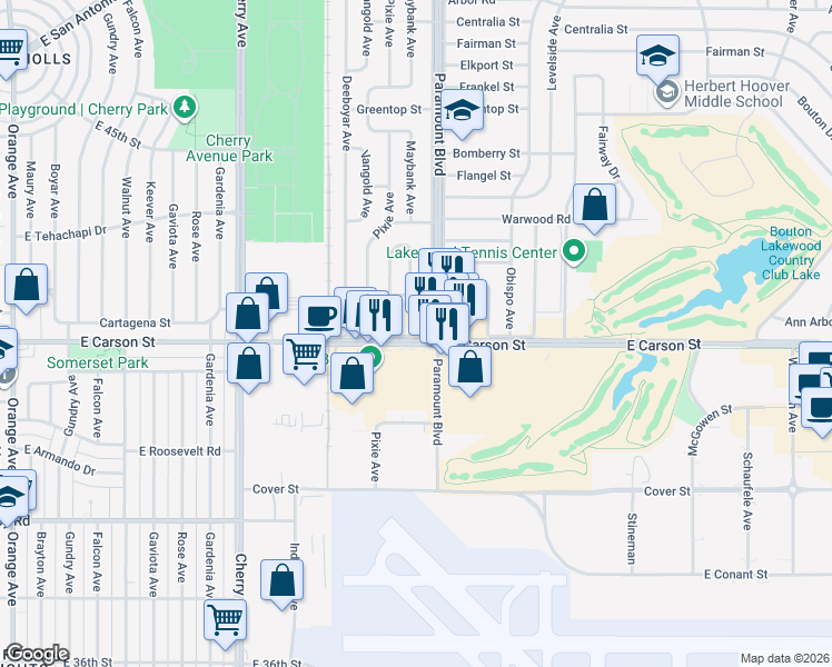 map of restaurants, bars, coffee shops, grocery stores, and more near 2601 East Carson Street in Lakewood
