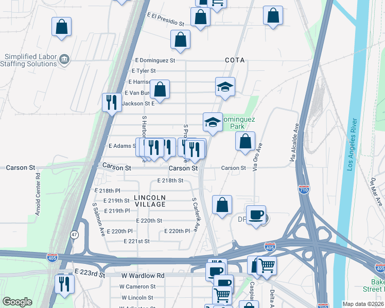 map of restaurants, bars, coffee shops, grocery stores, and more near 2711 East Washington Street in Carson