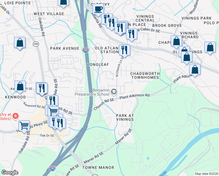 map of restaurants, bars, coffee shops, grocery stores, and more near 5041 Ridgemont Walk in Smyrna