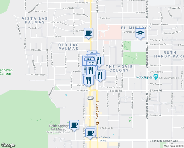 map of restaurants, bars, coffee shops, grocery stores, and more near 664 North Palm Canyon Drive in Palm Springs