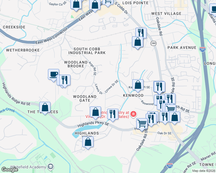 map of restaurants, bars, coffee shops, grocery stores, and more near 4956 Crowe Drive Southeast in Smyrna
