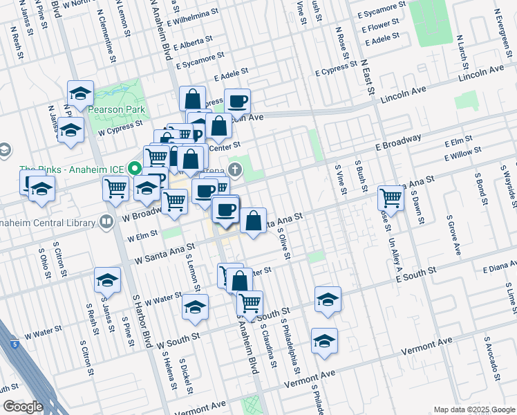 map of restaurants, bars, coffee shops, grocery stores, and more near 407 South Philadelphia Street in Anaheim