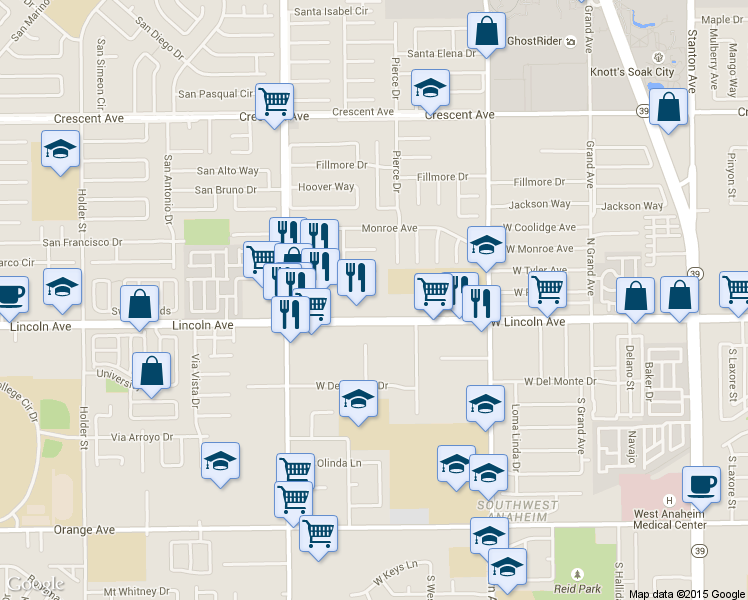 map of restaurants, bars, coffee shops, grocery stores, and more near 3325 West Lincoln Avenue in Anaheim