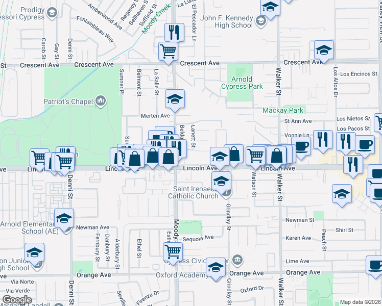 map of restaurants, bars, coffee shops, grocery stores, and more near 5102 Alaska Avenue in Cypress