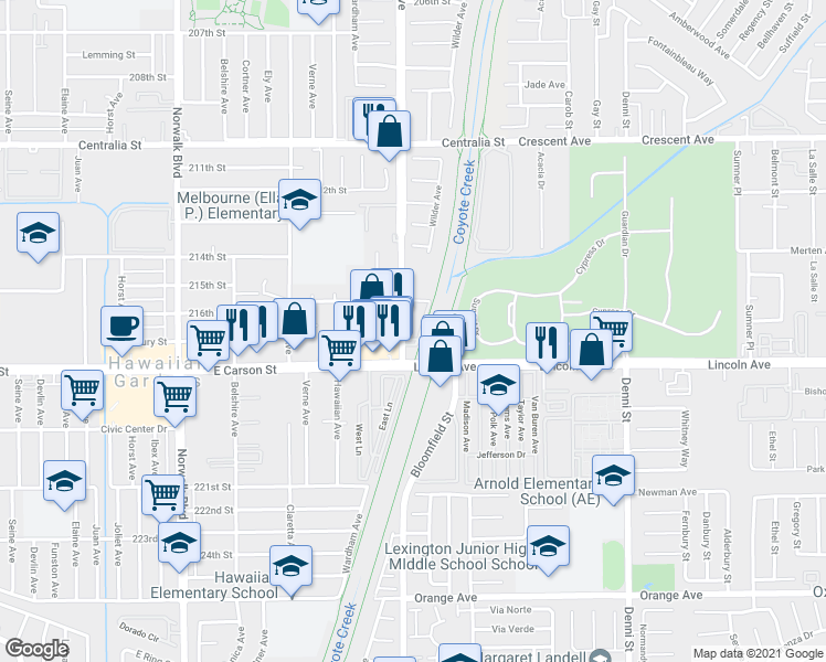 map of restaurants, bars, coffee shops, grocery stores, and more near 12573 East Carson Street in Hawaiian Gardens