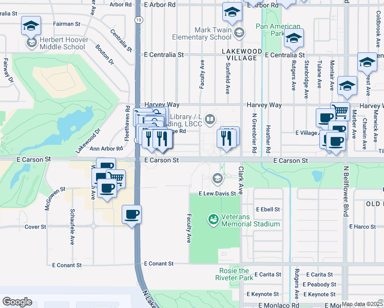 map of restaurants, bars, coffee shops, grocery stores, and more near 4557 East Carson Street in Long Beach
