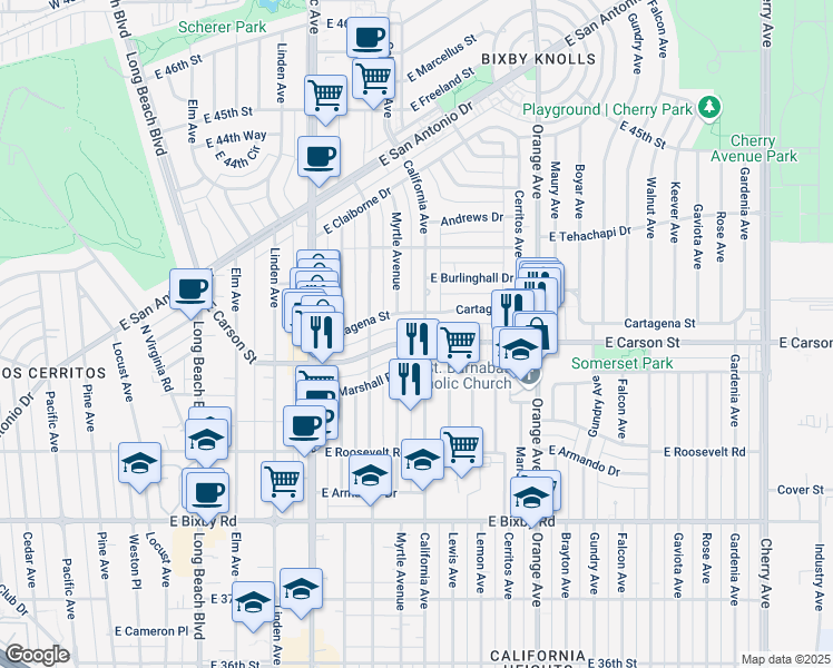 map of restaurants, bars, coffee shops, grocery stores, and more near 1007 East Carson Street in Long Beach