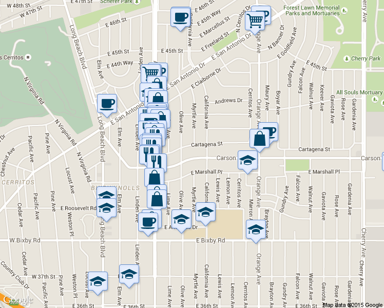 map of restaurants, bars, coffee shops, grocery stores, and more near 835 East Carson Street in Long Beach