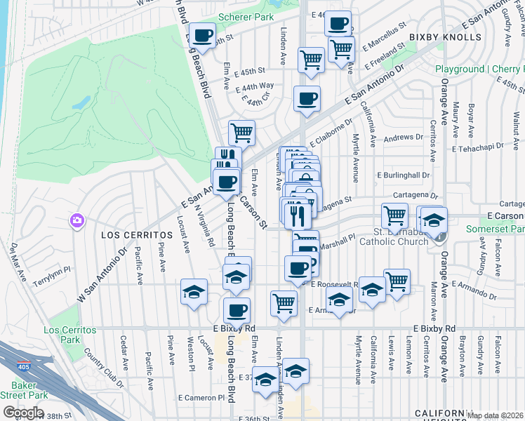 map of restaurants, bars, coffee shops, grocery stores, and more near 4043 Elm Avenue in Long Beach