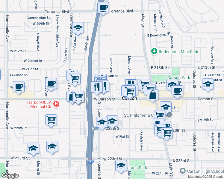 map of restaurants, bars, coffee shops, grocery stores, and more near 437 West Carson Street in Carson
