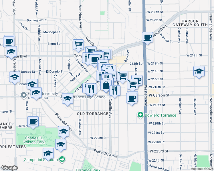 map of restaurants, bars, coffee shops, grocery stores, and more near 1628 Cravens Avenue in Torrance