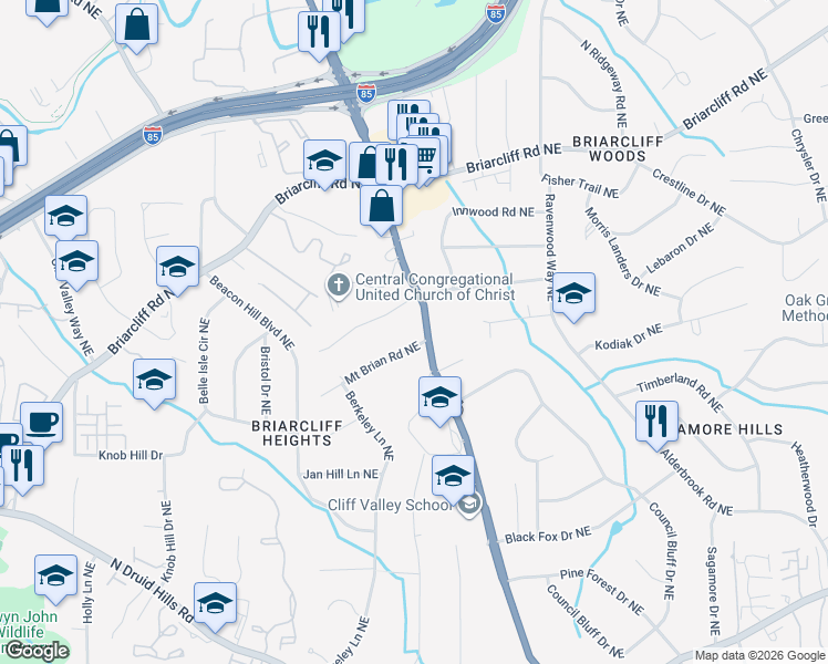 map of restaurants, bars, coffee shops, grocery stores, and more near 2620 Clairmont Road in Atlanta