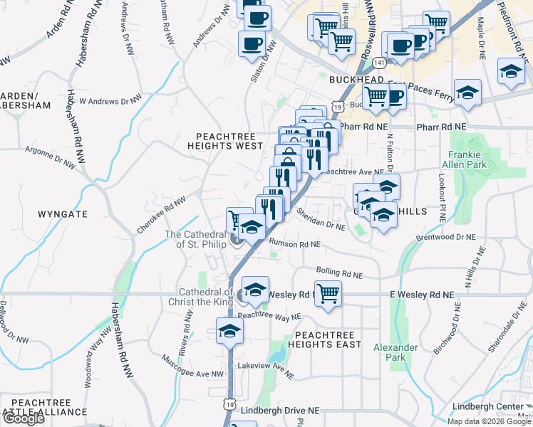 map of restaurants, bars, coffee shops, grocery stores, and more near 2828 Peachtree Road in Atlanta