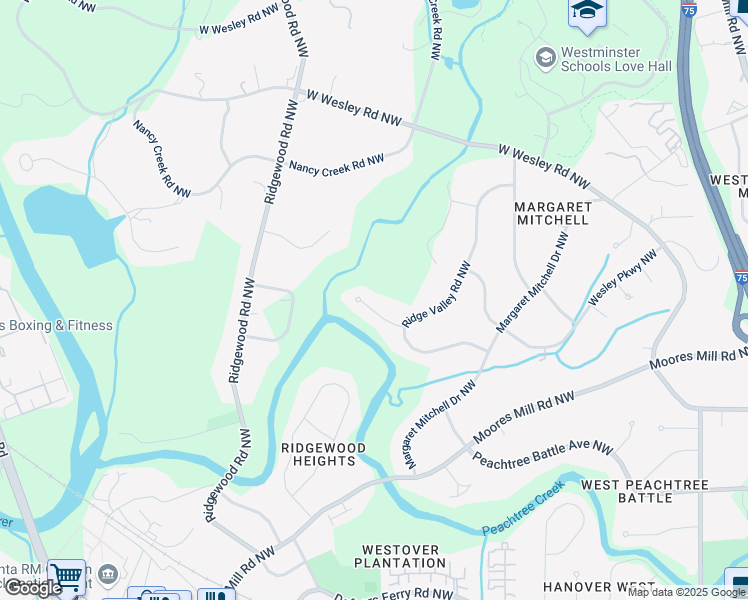 map of restaurants, bars, coffee shops, grocery stores, and more near 1749 Ridge Valley Court Northwest in Atlanta