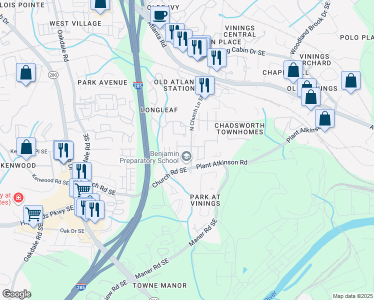 map of restaurants, bars, coffee shops, grocery stores, and more near 5108 Kempsford Court in Smyrna