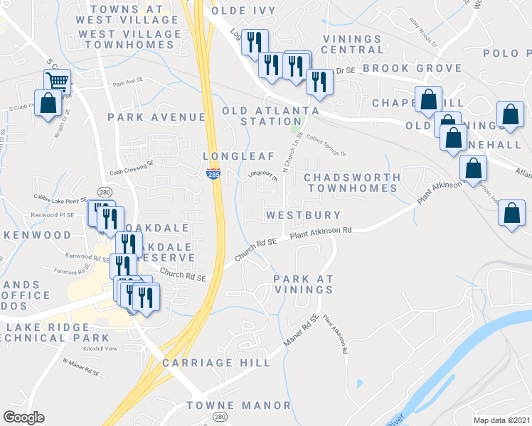 map of restaurants, bars, coffee shops, grocery stores, and more near 5041 Ridgemont Walk in Smyrna