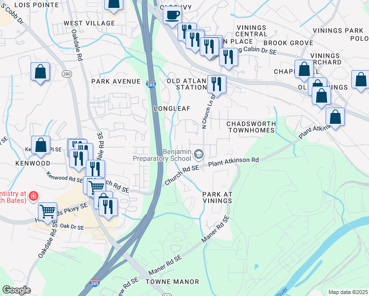 map of restaurants, bars, coffee shops, grocery stores, and more near 4929 Greylock Walk Southeast in Atlanta