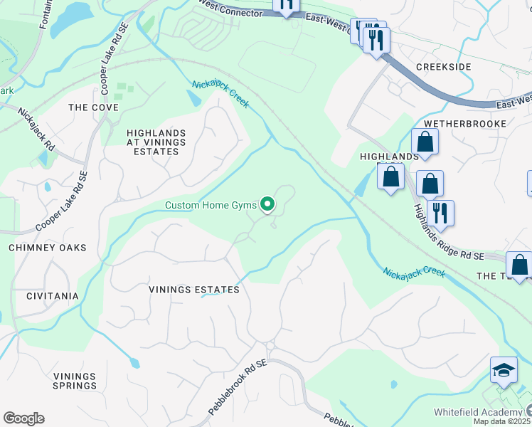 map of restaurants, bars, coffee shops, grocery stores, and more near 586 Vinings Estates Drive Southeast in Mableton