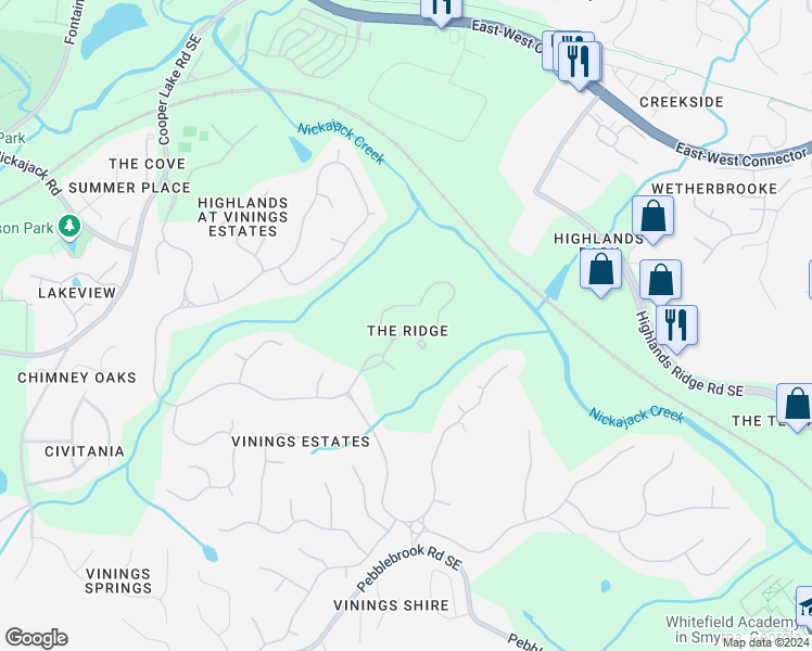 map of restaurants, bars, coffee shops, grocery stores, and more near 458 Vinings Estates Drive Southeast in Mableton