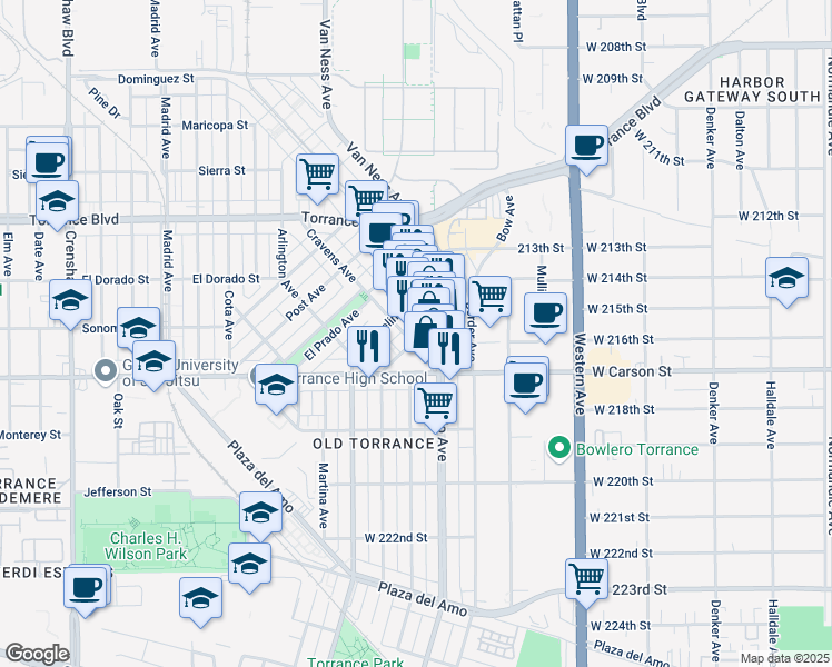 map of restaurants, bars, coffee shops, grocery stores, and more near 1628 Cravens Ave in Torrance