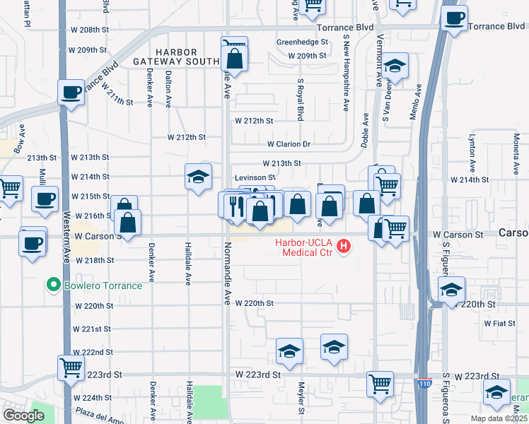 map of restaurants, bars, coffee shops, grocery stores, and more near 1230 West Ritner Street in Torrance