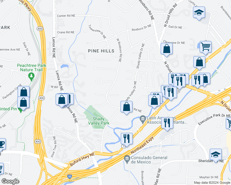 map of restaurants, bars, coffee shops, grocery stores, and more near 1178 Roxboro Cove Northeast in Atlanta