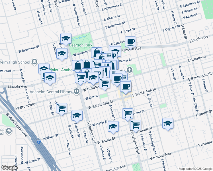 map of restaurants, bars, coffee shops, grocery stores, and more near 310 South Lemon Street in Anaheim