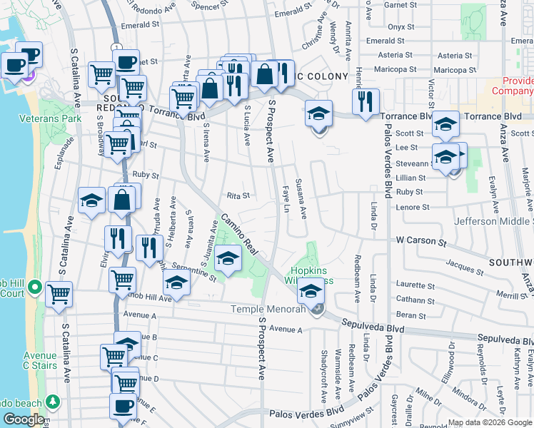 map of restaurants, bars, coffee shops, grocery stores, and more near 603 South Prospect Avenue in Redondo Beach
