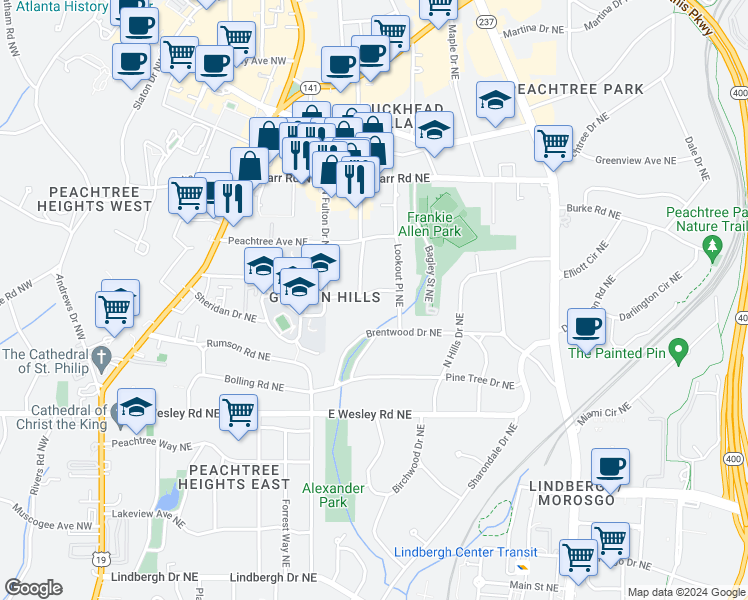 map of restaurants, bars, coffee shops, grocery stores, and more near 361 Delmont Drive Northeast in Atlanta