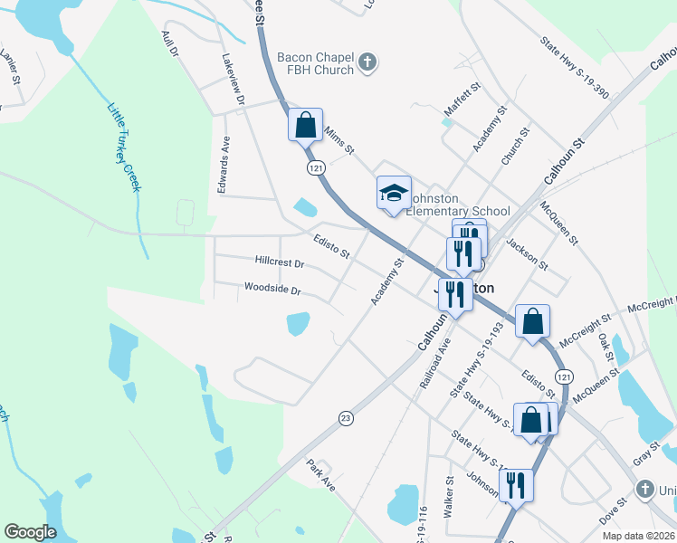 map of restaurants, bars, coffee shops, grocery stores, and more near 800 Hillcrest Dr in Johnston
