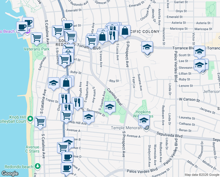 map of restaurants, bars, coffee shops, grocery stores, and more near 708 Camino Real in Redondo Beach