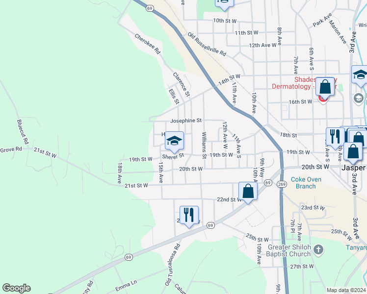 map of restaurants, bars, coffee shops, grocery stores, and more near 1400 19th Street West in Jasper