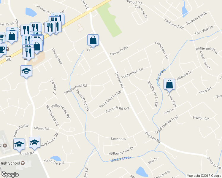 map of restaurants, bars, coffee shops, grocery stores, and more near 2493 Cherie Glen Trail Southwest in Snellville