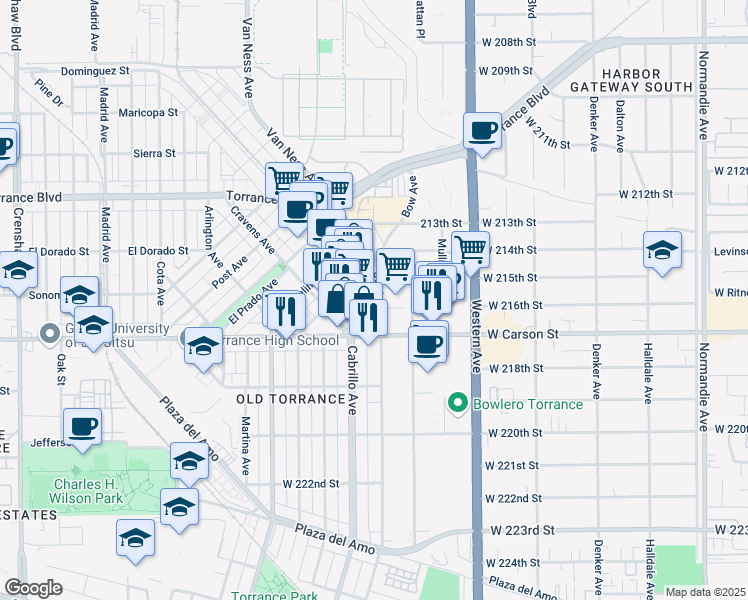 map of restaurants, bars, coffee shops, grocery stores, and more near 1616 Cabrillo Avenue in Torrance