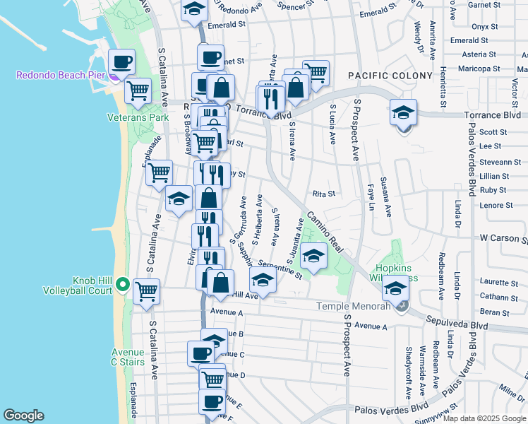 map of restaurants, bars, coffee shops, grocery stores, and more near 526 South Helberta Avenue in Redondo Beach